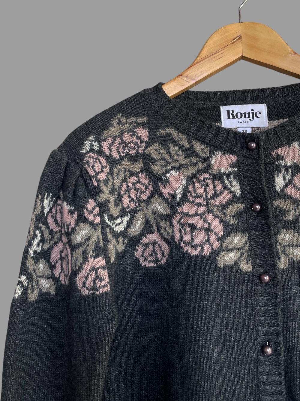 ROUJE Gray & Pink Floral Wool Cashmere Retro Robert Puff Sleeve Cardigan Sweater - Picture 7 of 13